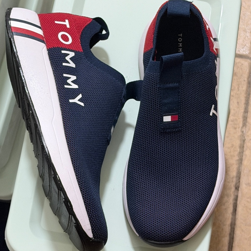 Tommy Hilfiger Navy and Red Slip-On Knit Sneakers